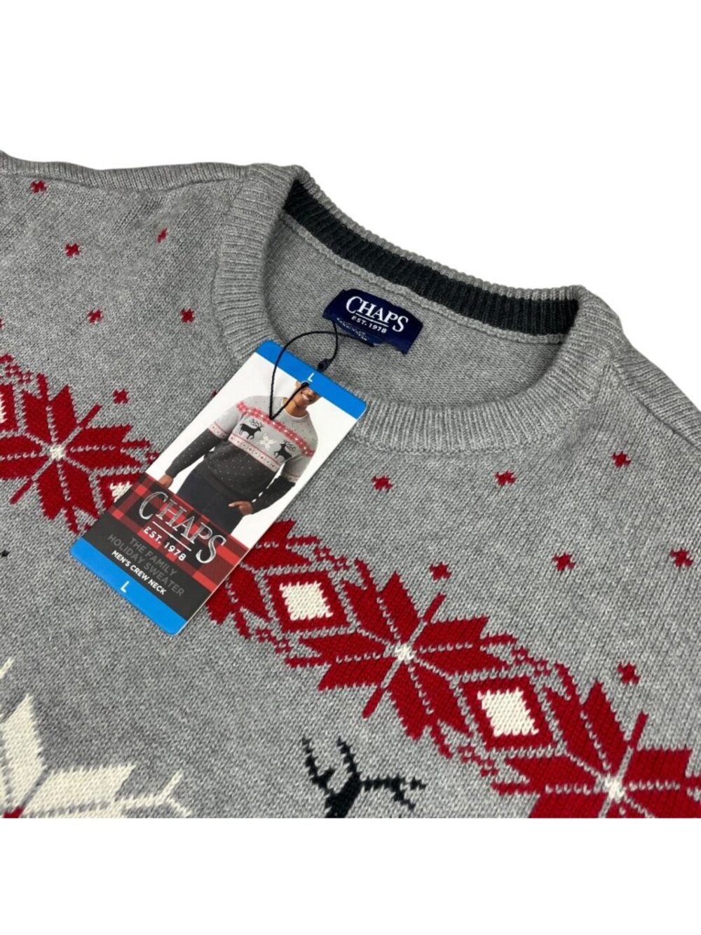NEW Chaps Men's 100% Cotton Christmas Reindeer Nordic Sweater Gray • Large